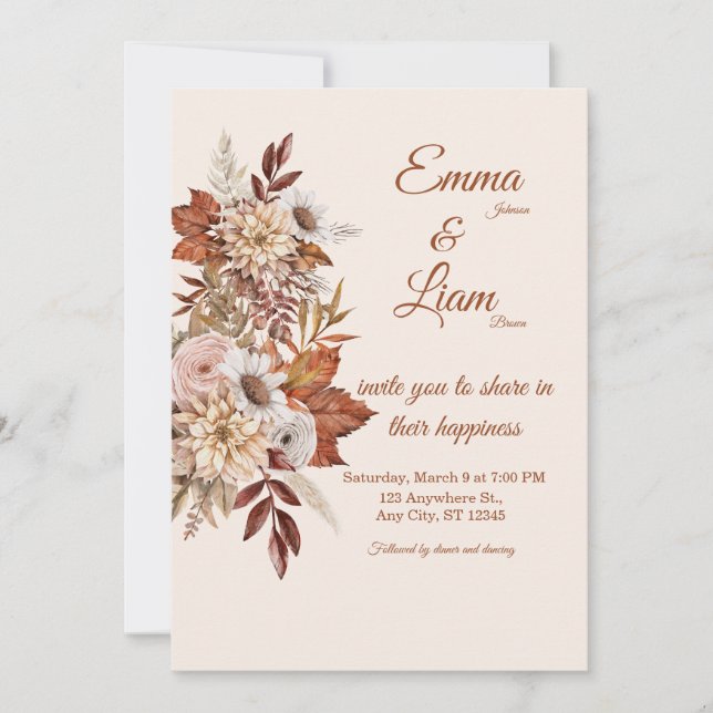 Invitación Rustic Boho Wedding Invitation | Beige Floral Card (Anverso)