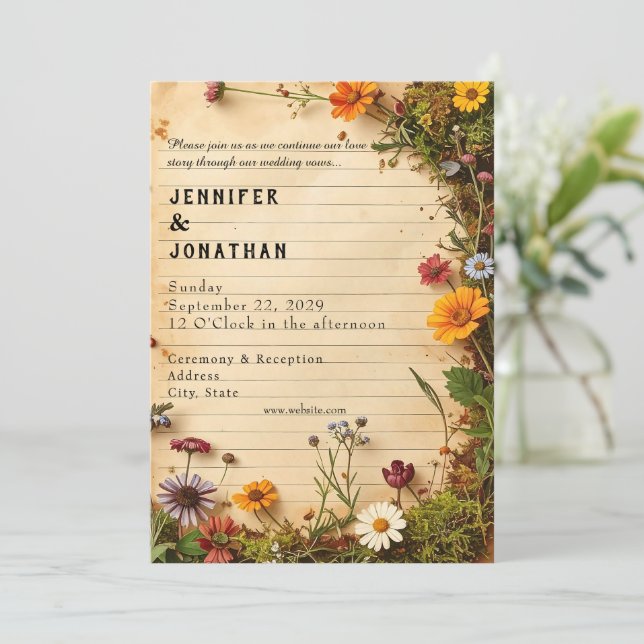 Invitación Rustic Book Lovers Print Floral Wedding Invitation (Anverso de pie)