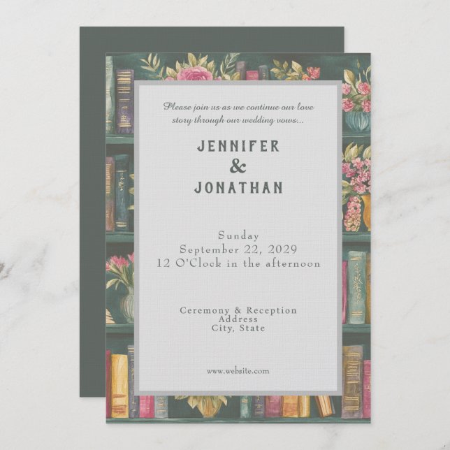 Invitación Rustic Book Lovers Print Floral Wedding Invitation (Anverso / Reverso)