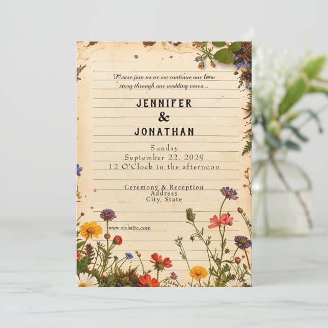 Invitación Rustic Book Lovers Print Floral Wedding Invitation (Anverso de pie)