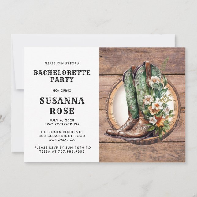 Invitación Rustic Boots Bachelorette Party (Anverso)