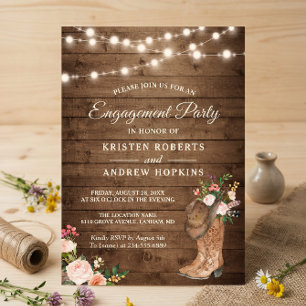 Invitación Rustic Boots Floral String Lights Engagement Party
