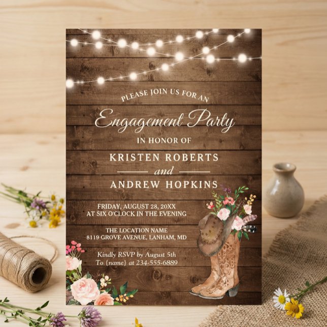 Invitación Rustic Boots Floral String Lights Engagement Party (Subido por el creador)
