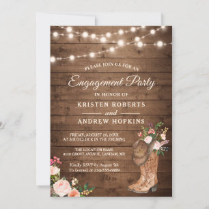 Invitación Rustic Boots Floral String Lights Engagement Party