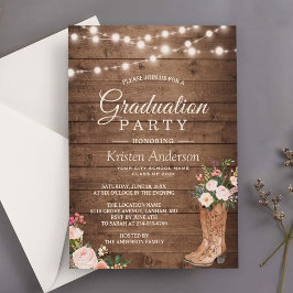 Invitación Rustic Boots Floral String Lights Party Graduación