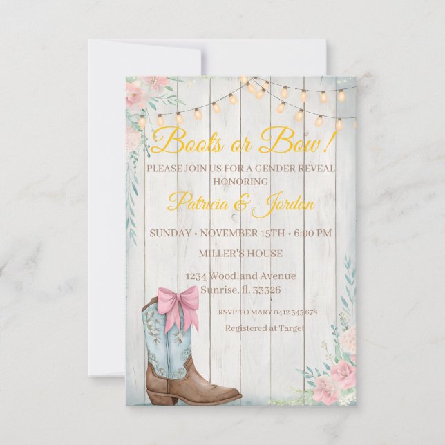 Invitación Rustic Boots or Bows Gender Reveal  (Anverso)