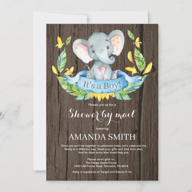 Invitación Rustic Boy Elephant Baby Shower por correo (Anverso)
