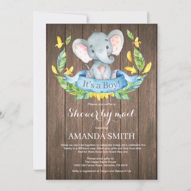 Invitación Rustic Boy Elephant Baby Shower por correo (Anverso)