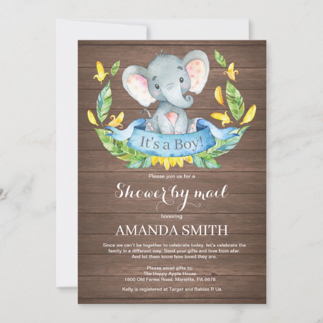 Invitación Rustic Boy Elephant Baby Shower por correo (Anverso)