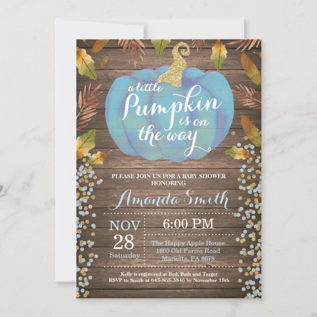 Invitación Rustic Boy Pumpkin caída Purpurina de oro de Baby  (Anverso)