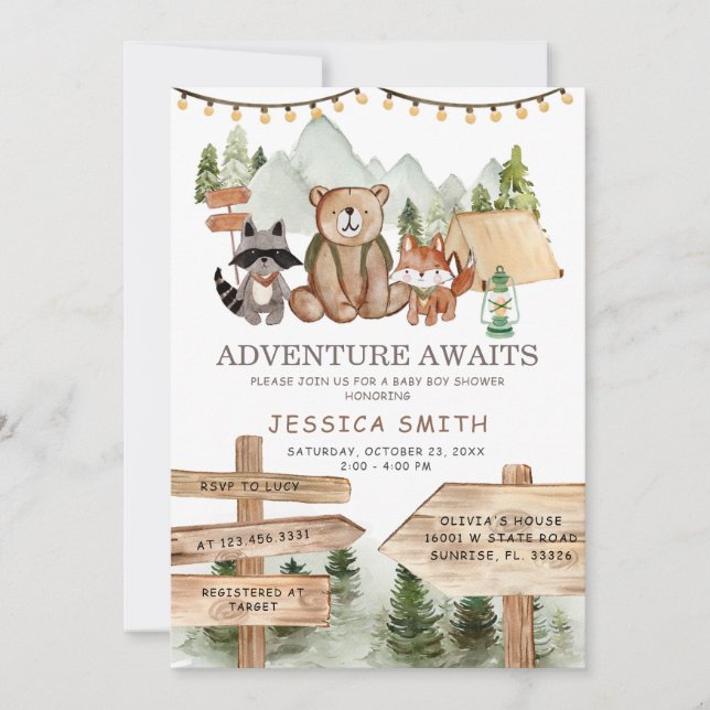 Invitación Rustic Boy Woodland Forest Animals Baby Shower (Anverso)