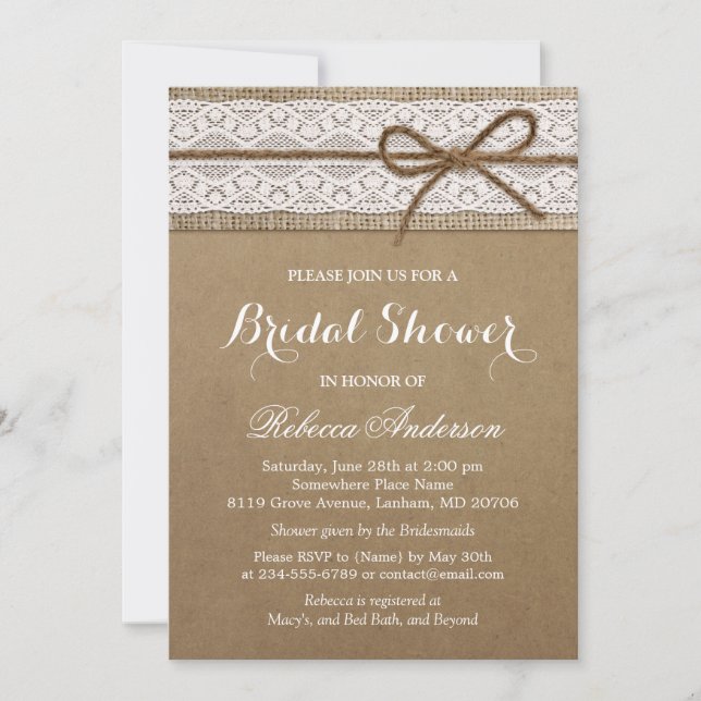 Invitación Rustic Bridal Shower Elegant Lace Burlap String (Anverso)