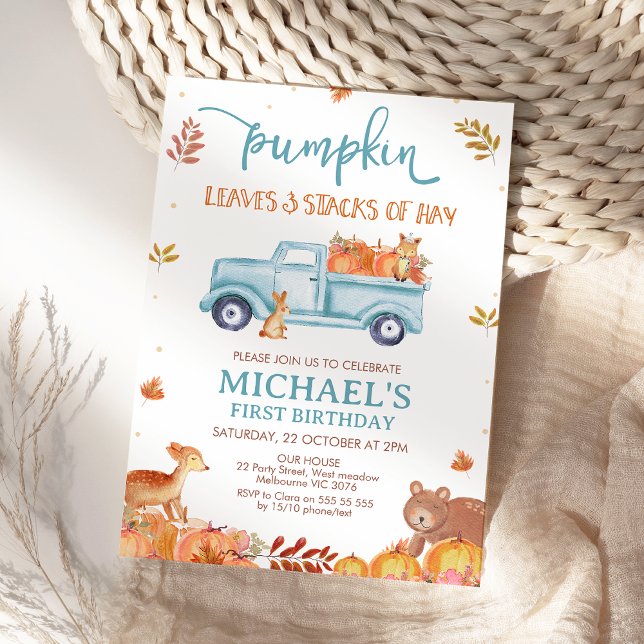 Invitación Rustic Brown Fall Pumpkin Truck 1st Birthday (Fall Pumpkin Truck First Birthday Invitation Template Printable Pumpkins Leaves and Stacks Hay )
