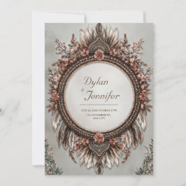 Invitación Rustic Brown Feather Dusty Rose Floral Wedding