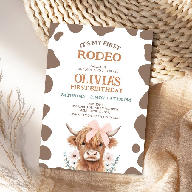 Invitación Rustic Brown Highland Cow First Rodeo 1st Birthday (My First Rodeo Birthday Invitation, 1st Birthday Invitation Rodeo, Girl 1st Birthday Invitation )