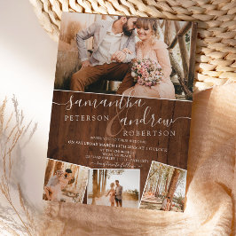 Invitación Rustic brown wood chic script 5 photos wedding