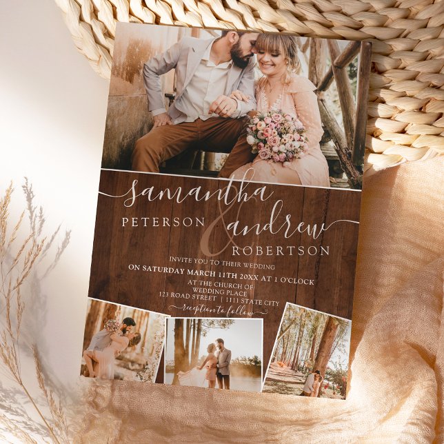 Invitación Rustic brown wood chic script 5 photos wedding (Subido por el creador)