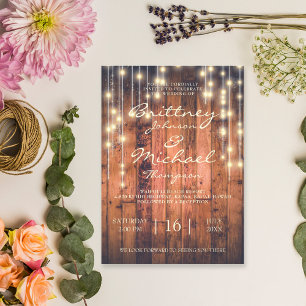 Invitación Rustic Brown Wood String Lights   BODA