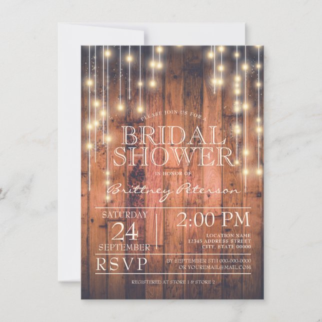 Invitación Rustic Brown Wood String Lights | Ducha de novia (Anverso)