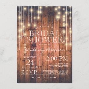 Invitación Rustic Brown Wood String Lights   Ducha de novia
