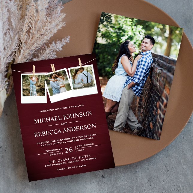 Invitación Rustic Burgundy Barn Wood Photo Collage Wedding (Subido por el creador)