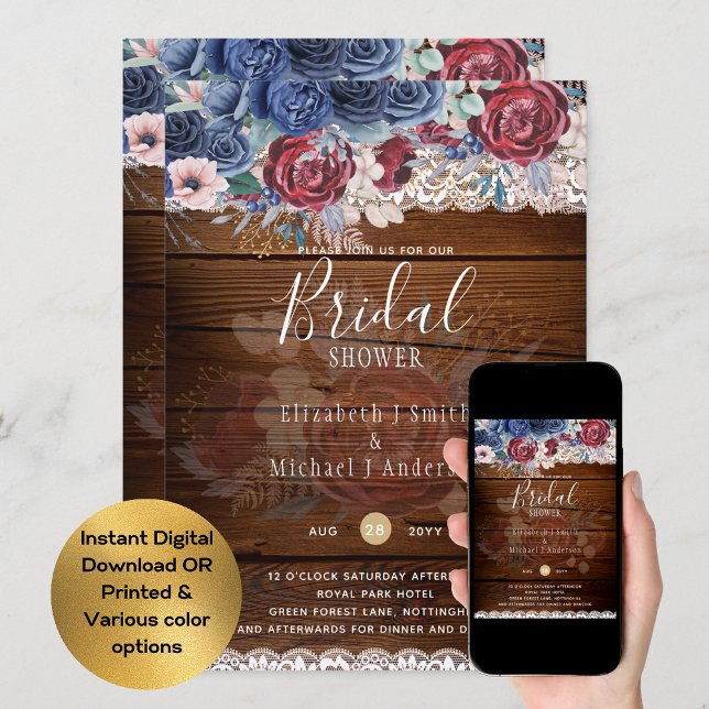Invitación Rustic Burgundy Blue Floral Bridal Shower Digital (Subido por el creador)