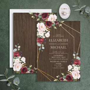 Invitación Rustic Burgundy Blush Geometric Wood Wedding