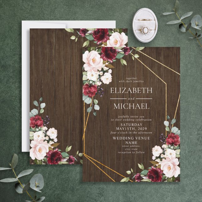 Invitación Rustic Burgundy Blush Geometric Wood Wedding (Subido por el creador)