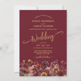 Invitación Rustic Burgundy Boho Wildflowers Elegant Wedding