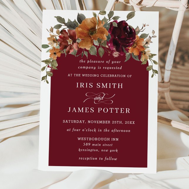 Invitación Rustic Burgundy Burnt Orange Floral Arch Wedding  (Subido por el creador)