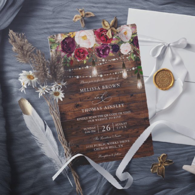 Invitación Rustic Burgundy Floral Budget QR Code Wedding (Subido por el creador)