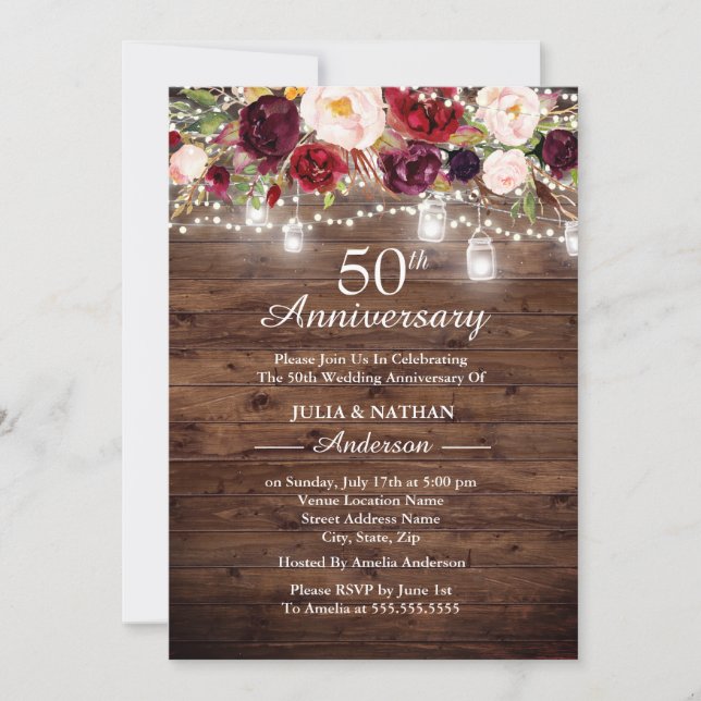 Invitación Rustic Burgundy Floral ilumina 50 años (Anverso)