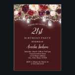 Invitación Rustic Burgundy Floral Luces 21 cumpleaños<br><div class="desc">Más invitaciones de cumpleaños de Bonito en la Pequeña Tienda Bayleigh!</div>