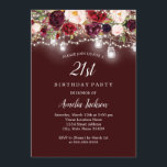 Invitación Rustic Burgundy Floral Luces 21 cumpleaños<br><div class="desc">Más invitaciones de cumpleaños de Bonito en la Pequeña Tienda Bayleigh!</div>