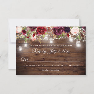 Invitación Rustic Burgundy Floral String Lights Wedding RSVP