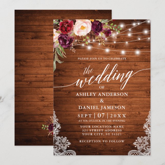 Invitación Rustic Burgundy Lights Lace Calligraphy Boda (Anverso / Reverso)