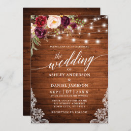 Invitación Rustic Burgundy Lights Lace Calligraphy Boda
