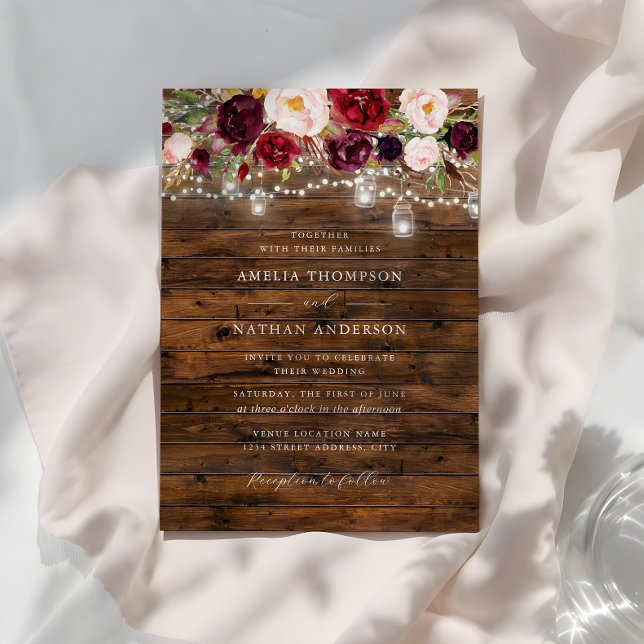 Invitación Rustic Burgundy Lights Wedding  (Subido por el creador)