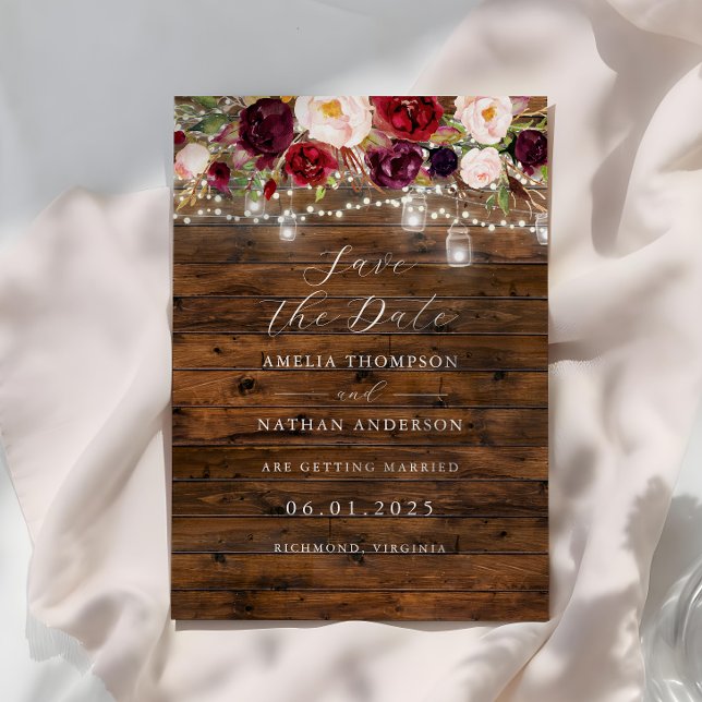 Invitación Rustic Burgundy Lights Wedding Save The Date (Subido por el creador)