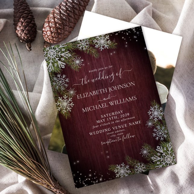 Invitación Rustic Burgundy Silver Winter Wood Photo Wedding (Subido por el creador)