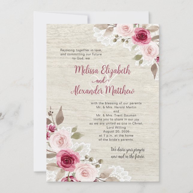 Invitación Rustic Burgundy Watercolor Floral Lace Wedding (Anverso)