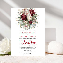 Invitación Rustic Burgundy White Floral Eucalyptus Gold Weddi