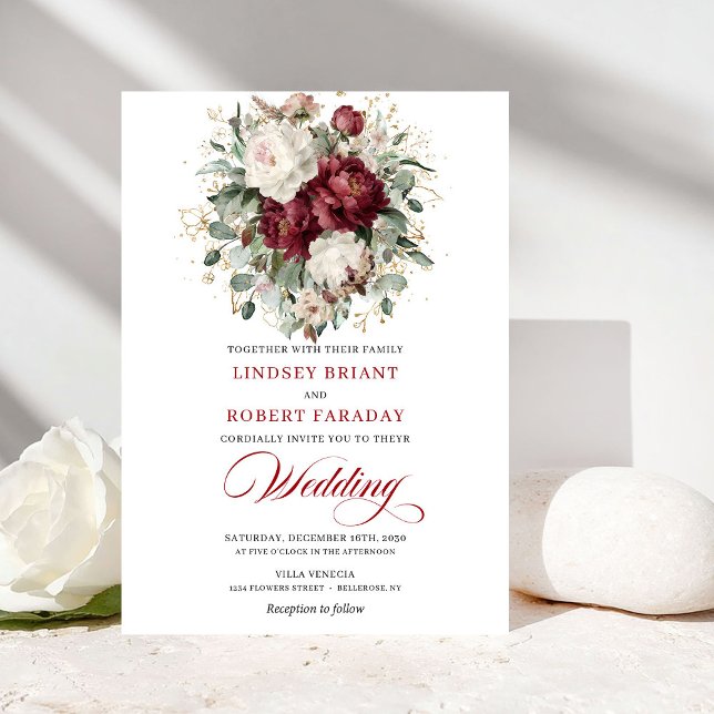 Invitación Rustic Burgundy White Floral Eucalyptus Wedding  (Rustic Burgundy White Floral Eucalyptus Wedding Invite)