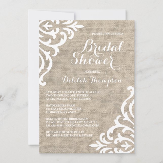 Invitación Rustic Burlap Damask Bridal Shower (Anverso)