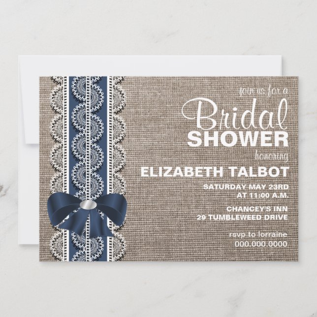 Invitación Rustic Burlap, Lace & Bow Bridal Shower (Anverso)