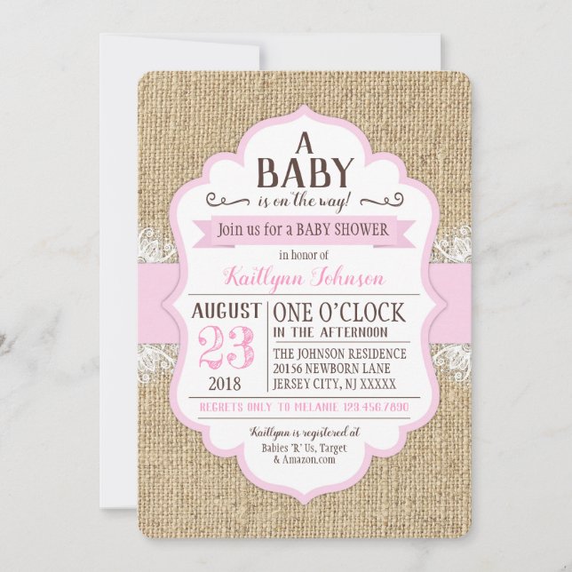 Invitación Rustic Burlap Lace Pink Baby Shower (Anverso)