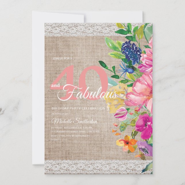 Invitación Rustic Burlap Lace Pink Blue Floral 40 cumpleaños (Anverso)
