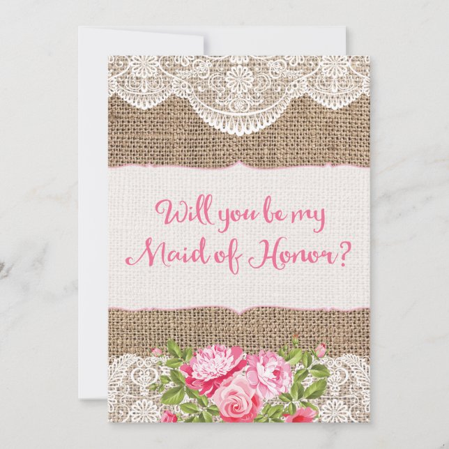Invitación Rustic Burlap Lace ¿Serás mi empleada de honor? (Anverso)