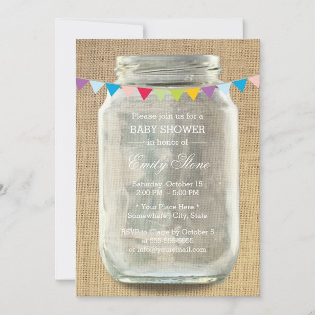Invitación Rustic Burlap Mason Jar Baby Shower (Anverso)