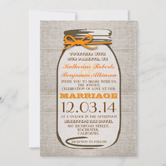 Invitación Rustic Burlap Mason Jar Boda (Anverso)